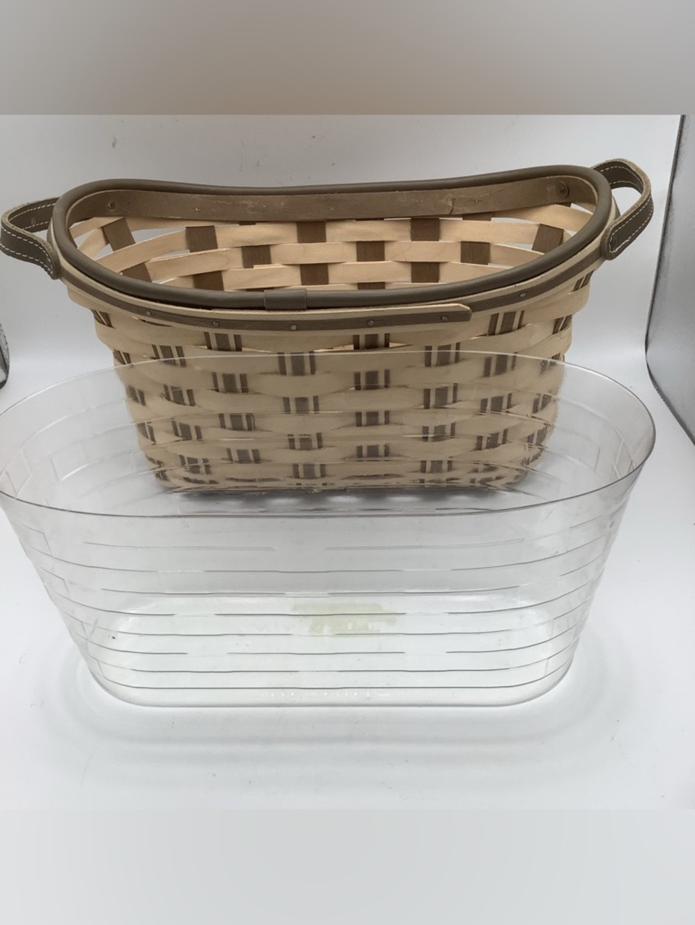 Longaberger Tan and Brown Woven Bicycle Basket with Leather Handles and Liner - Picture 7 of 10